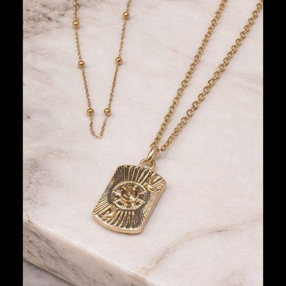 18K Gold Plated Layered Necklace Set Sun Moon Pendant Amber Crystal Satellite Ch - Picture 2 of 6